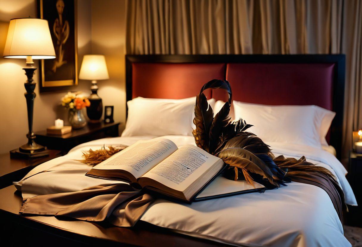 A romantic scene featuring a couple engaged in consensual play, surrounded by softly lit candles. The backdrop showcases a warm, inviting bedroom with rich textures like silk and feathers. Playful items like masks, whips, and silk ropes are tastefully arranged nearby, symbolizing trust and open communication. An open book lies on the bedside, its pages fluttering, hinting at erotic narratives. The atmosphere conveys intimacy and exploration. super-realistic. warm tones. soft focus.