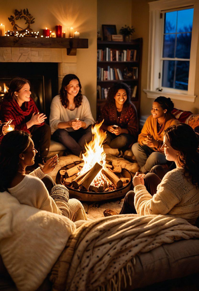 A cozy, intimate setting featuring a diverse group of people engaged in storytelling around a warm fire. Soft lighting creates a welcoming atmosphere with plush cushions and blankets scattered about. Each person shows a mix of emotions—laughter, curiosity, and deep engagement. Symbolic elements such as hearts and intertwined hands float gently in the background, highlighting empowerment and connection. Artistic style: warm tones, soft focus, illustration.